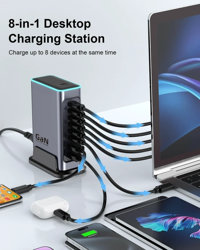 Alt view image 2 of 6 - 140W USB C Charging Station, 8-Port GaN Fast Charger for Multiple Devices,Laptop Wall Charger Compatible with MacBook Air,iPad,iPhone 17/16 Series and More