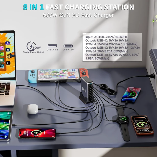 Alt view image 2 of 7 - 500W GaN USB C Charger Block Charging Station 8 Port Fast Charger Block with Dual 100W PD USB-C Fast Charging Station Hub Compatible with iPhone 17/16 15/14/13/Pro Max/MacBook Pro/Air/All iPad (Black)