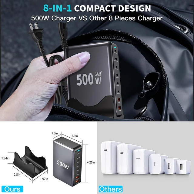 Alt view image 6 of 7 - 500W GaN USB C Charger Block Charging Station 8 Port Fast Charger Block with Dual 100W PD USB-C Fast Charging Station Hub Compatible with iPhone 17/16 15/14/13/Pro Max/MacBook Pro/Air/All iPad (Black)