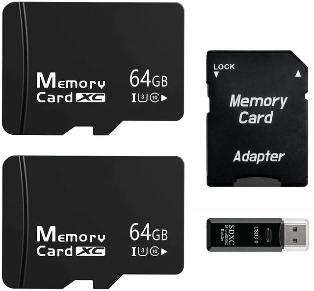 Main image of 2-Pack 64GB Micro SD Card for Dashcam & Security Cam U3 V30 A1 | Reliable Class 10. Ideal for 1080p Video & Phones. Includes 1 USB-A 3.0 Reader & 1 SD Adapter.