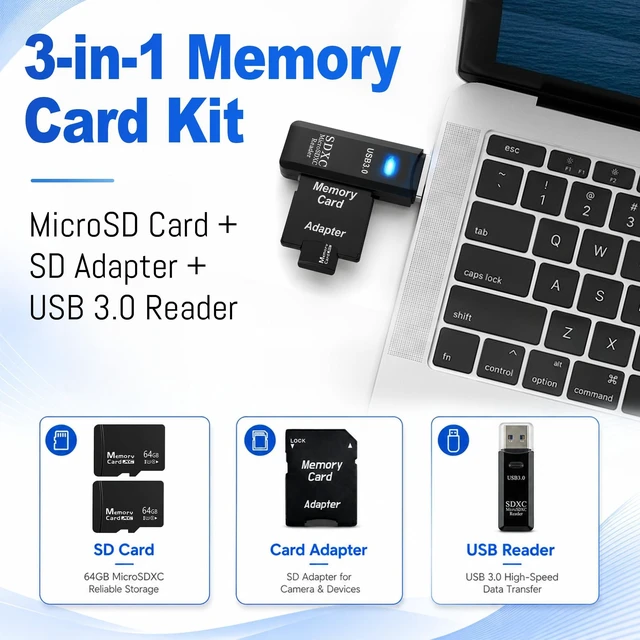 Alt view image 2 of 7 - 2-Pack 64GB Micro SD Card for Dashcam & Security Cam U3 V30 A1 | Reliable Class 10. Ideal for 1080p Video & Phones. Includes 1 USB-A 3.0 Reader & 1 SD Adapter.