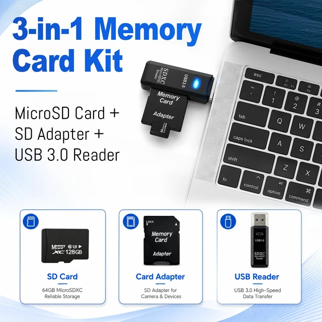 Alt view image 2 of 7 - 128GB Micro SD Card for Dashcam & Security Camera U3 V30 A1 | High-Capacity Class 10. Ideal for Auto-Loop Devices. Includes USB-A 3.0 Reader & SD Adapter.