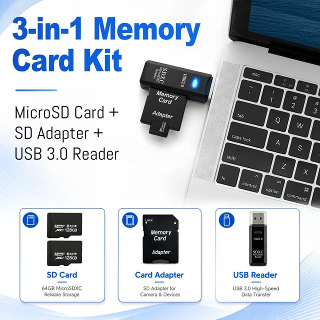 Alt view image 2 of 7 - 2-Pack 128GB Micro SD Card for Dashcam & Security Cam U3 V30 A1 | High-Capacity Class 10. Ideal for Auto-Loop Devices. Includes 1 USB-A 3.0 Reader & 1 SD Adapter.