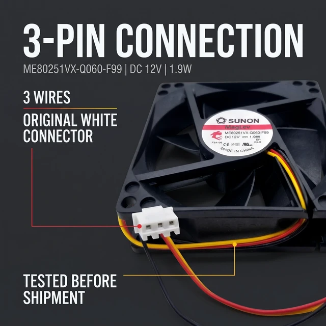 Alt view image 7 of 7 - New ME80251VX-Q060-F99 DC 12V 1.9W 8025 80 * 80 * 25mm 3-line 8CM Cooling Fan