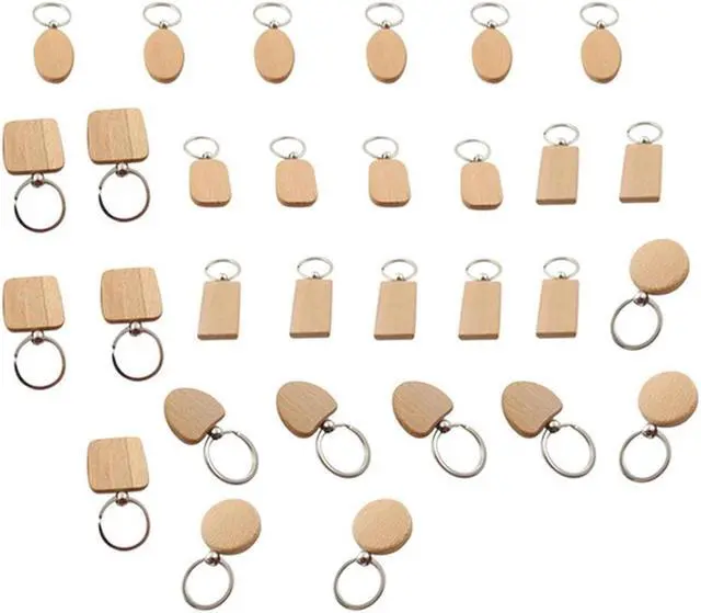 Main image of 30Pcs/Lot Diy Blank Wooden Key Chain Rectangle Heart Round Ellipse Carving Keyring Wood Keychain Ring for Men Women Gift