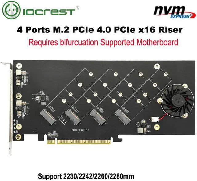 Main image of IOCREST 4 Ports M.2 NVMe to Pcie 4.0 X16 riser controller Adapter Card Only Support Bifurcation Motherboards
