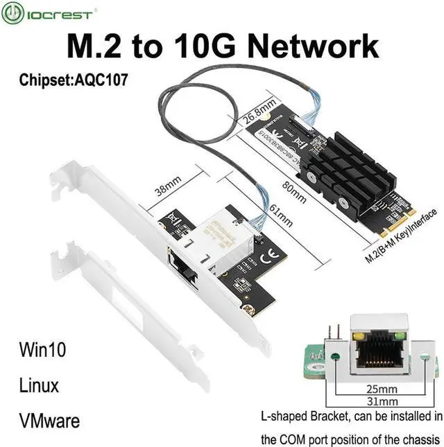 Main image of IOCREST M.2 to Single Port 10 Gbase Ethernet Gigabit Nic B Key M Key 10G/2.5G/1000M RJ45 Lan Network Adapter Card AQC107 Chip