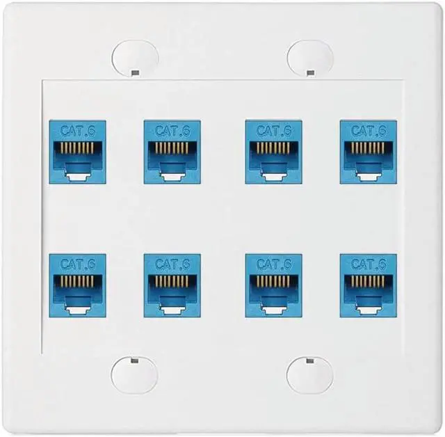 Main image of Ethernet Wall Plate 8 Port - Double Gang Cat6 RJ45 Keystone Jack Network Cable Faceplate Female to Female - Blue