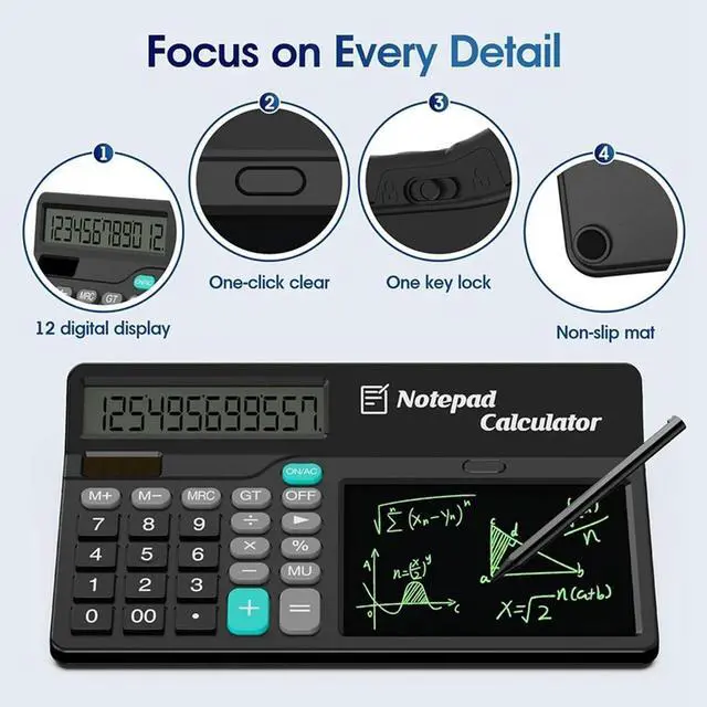Alt view image 4 of 4 - Ruth's sister Calculator LCD Writing Tablet, 12-Digit Large Display Desk Calculator With Magnetic Stylus, Solar And Supported Durable