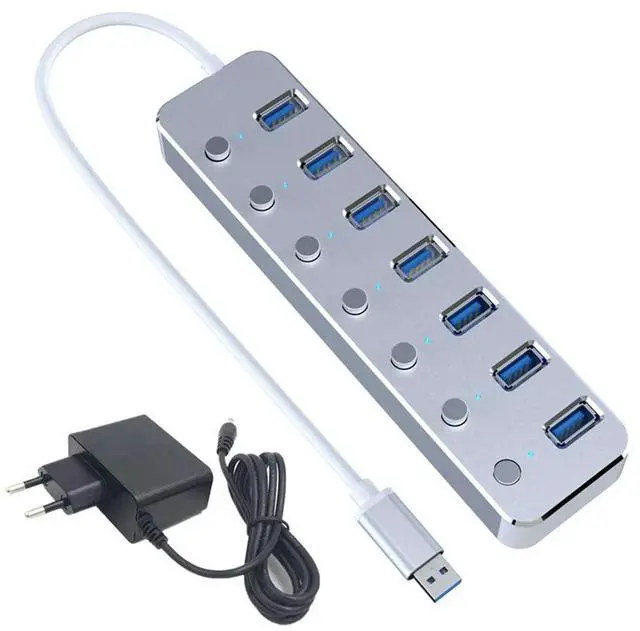 Main image of USB 3.0 Power Adapter 7 Ports Aluminum Alloy Splitter Hub USB Hub 3.0 USB Multi Extender Switch 1.2M Cable Hub EU Plug A-AB01