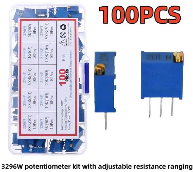 Main image of 100PCS 10values * 10PCS 3296W potentiometer kit with adjustable resistance ranging from 100  to 500K , direct insertion kit