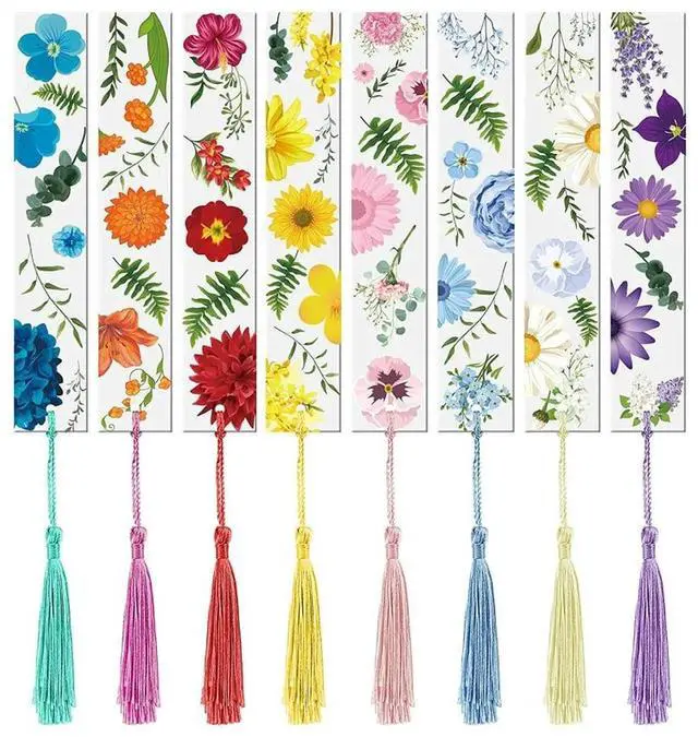 Main image of 8PC Colorful Flower Acrylic Bookmarks Transparent Floral Page Marker Book Markers with Tassels for Reader Writer Student