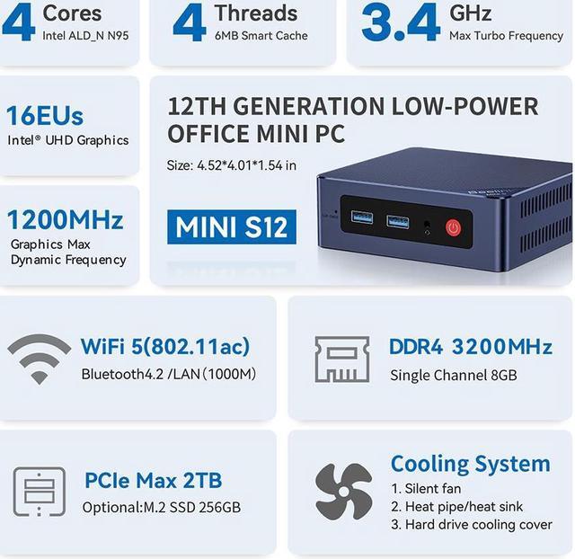 Alt view image 2 of 7 - Beelink Mini Pc MINI S12, Intel N95 (up to 3.4GHz), RAM-8GB SSD-128GB, DDR4 Gaming Mini Pc for Office Home (Dark Blue)