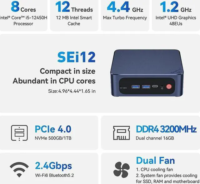 Alt view image 2 of 7 - Beelink Mini PC SEi12, Intel 12th Core i5-12450H(up to 4.4GHz), RAM-16GB SSD-500GB, DDR4 3200MHz Gaming Mini PC for Office Home (Dark Blue)