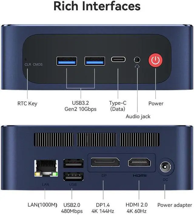 Alt view image 7 of 7 - Beelink Mini PC SEi12, Intel 12th Core i5-12450H(up to 4.4GHz), RAM-16GB SSD-500GB, DDR4 3200MHz Gaming Mini PC for Office Home (Dark Blue)