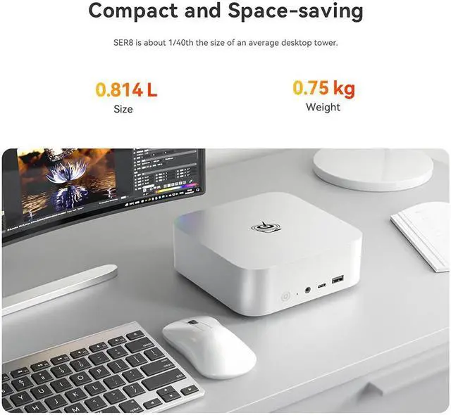 Alt view image 3 of 7 - Beelink Mini PC SER8, AMD Ryzen 7 8845HS(up to 5.1GHz 8C/16T), RAM-32GB SSD-1TB DDR5 5600MHz, Desktop Mini PC Gaming Home Office (Frost Silver)