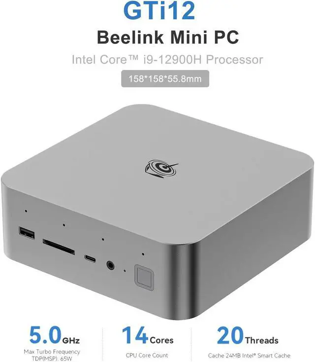 Main image of Beelink Mini PC GTi12 Ultra, Intel Core i9-12900H(up to 5.0GHz), RAM-32GB SSD-1TB, DDR5 4800MHz, WiFi6 Bluetooth5.2, Mini PC Gaming Office Home, DP HDMI PC Gray