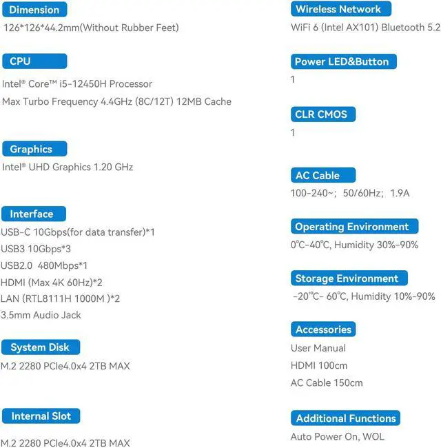 Alt view image 4 of 7 - Beelink Mini PC EQi12, Intel Core i5-12450H(up to 4.4GHz), RAM-24GB SSD-500GB, DDR5 5200MHz, WiFi6 Bluetooth5.2, Mini PC Gaming Office Home, HDMI PC Dark Blue