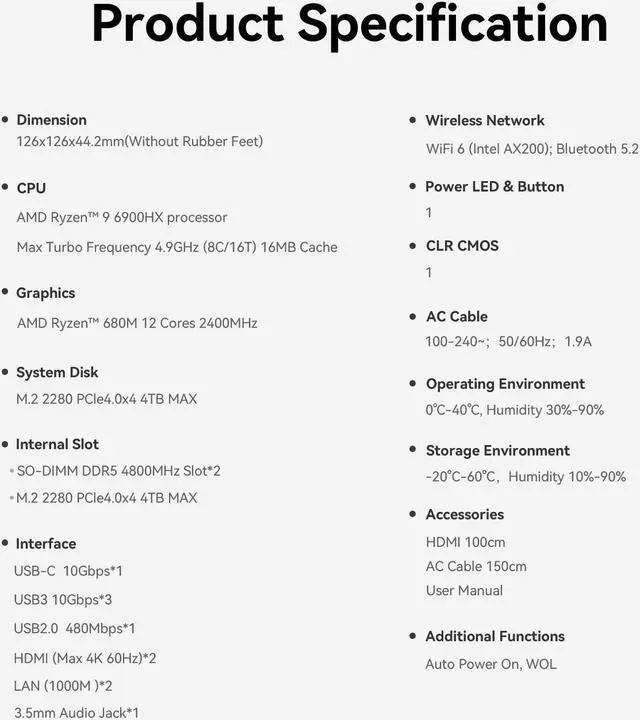 Alt view image 7 of 7 - Beelink Mini PC EQR6, AMD Ryzen 9 6900HX(up to 4.9GHz), RAM-24GB SSD-500GB, DDR5 4800MHz, WiFi6 Bluetooth5.2, Mini PC Gaming Office Home, DP HDMI PC