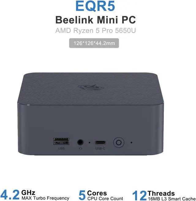 Main image of Beelink Mini PC EQR5, AMD Ryzen 5 5650U(up to 4.2GHz), RAM-16GB SSD-500GB, DDR4 3200MHz, WiFi6(Intel AX200) Bluetooth5.2, Mini PC Gaming Office Home, HDMI PC