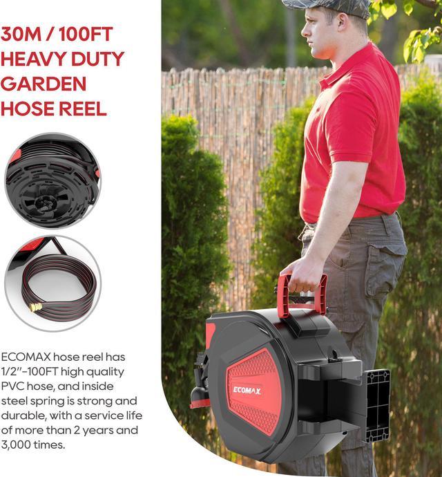 Ecomax 1/2in. x 100ft Retractable Garden Hose Reel, Heavy Duty Water Hose  Reels, Any Length Lock, Slow Return System, 8 Pattern Hose Nozzle