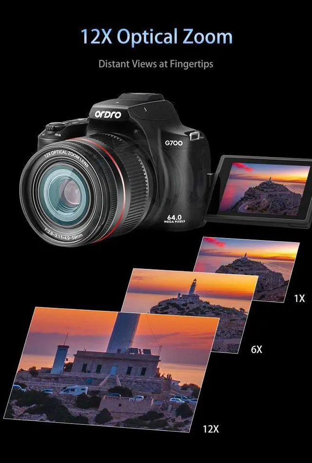 Alt view image 5 of 7 - ORDRO 4K Digital Camera for Photography, 64MP  Vlogging Cameras for YouTube with 3 Flip Screen,12X Optical Zoom &30X Digital Zoom, WiFi& Autofocus with Flash, 64G SD Card, 2 Batteries