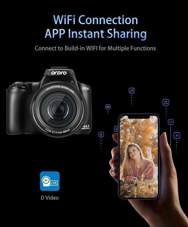Alt view image 7 of 7 - ORDRO 4K Digital Camera for Photography, 64MP  Vlogging Cameras for YouTube with 3 Flip Screen,12X Optical Zoom &30X Digital Zoom, WiFi& Autofocus with Flash, 64G SD Card, 2 Batteries