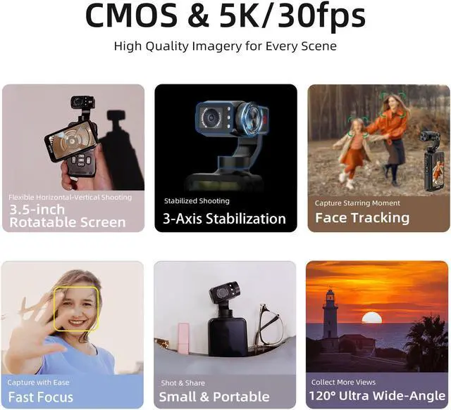 Alt view image 2 of 7 - Ordro M5-5k Handheld Camcorder, 3-Axis Gimbal Stabilizer with 5K 30fps Camera &48MP Photo, 3.5'' Flippable Screen 120° Wide Angle, IR Night Vision Function,Face Tracking for Youtube Vlog with 64G Card