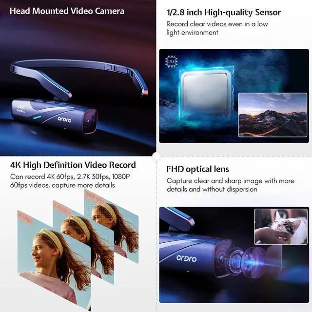 Alt view image 2 of 6 - ORDRO EP8 4K Camcorder 60FPS Vlog Hands Free Wearable Camera, Head-Mounted Video Camera for Vlog, Auto Focus, Wi-Fi APP Control, 2-Axis Gimbal Stabilizer with Fast Charger & Remote Control