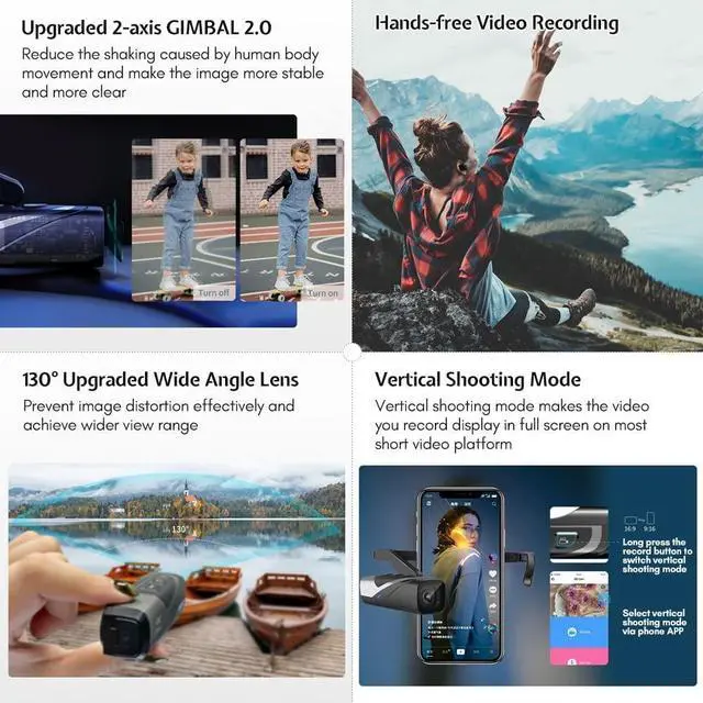 Alt view image 3 of 6 - ORDRO EP8 4K Camcorder 60FPS Vlog Hands Free Wearable Camera, Head-Mounted Video Camera for Vlog, Auto Focus, Wi-Fi APP Control, 2-Axis Gimbal Stabilizer with Fast Charger & Remote Control