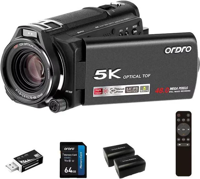 Main image of ORDRO 5K Video Camera Camcorder HD Video Recording Camcorder, 12X Optical Zoom, IR Night Vision, Auto/Manual Foucs, 3.5'' Flip Touchscreen Camera for Livestreamings, 64GB SD Card, Remote Control