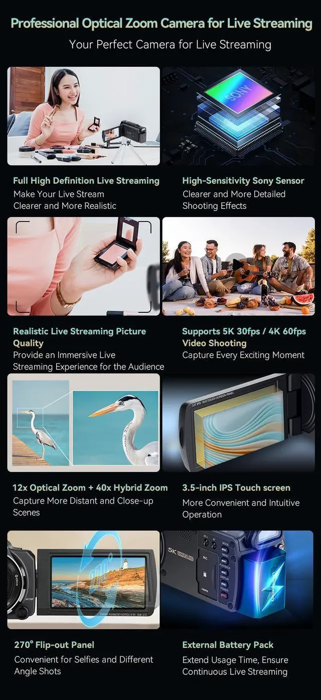 Alt view image 2 of 7 - ORDRO 5K Video Camera Camcorder HD Video Recording Camcorder, 12X Optical Zoom, IR Night Vision, Auto/Manual Foucs, 3.5'' Flip Touchscreen Camera for Livestreamings, 64GB SD Card, Remote Control