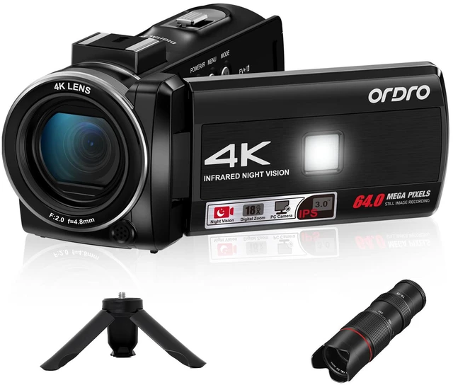 Main image of ORDRO 4K Video Camera Camcorder with 12X Telephoto Zoom Lens 3'' 270° Screen Digital Camcorder for Vlogging YouTube, IR Night Vision w/Remote
