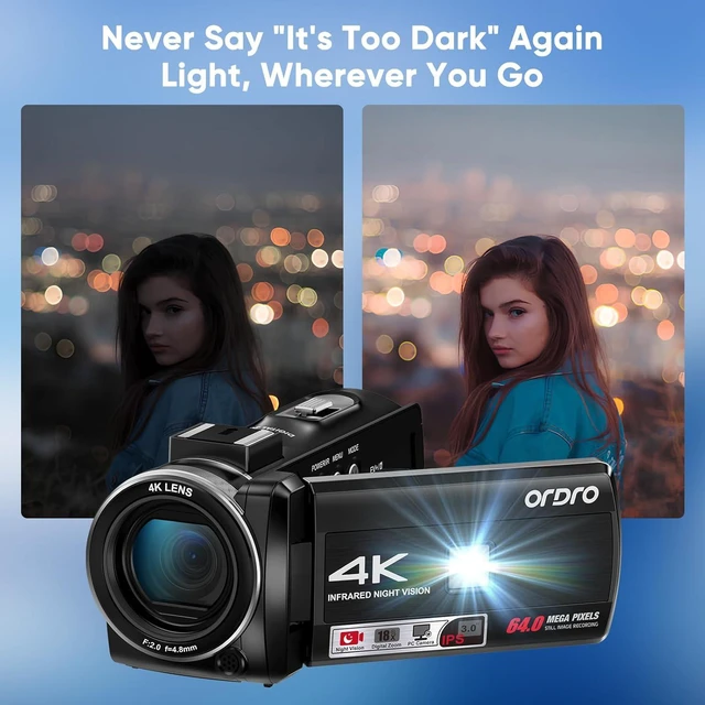 Alt view image 2 of 6 - ORDRO 4K Video Camera Camcorder with 12X Telephoto Zoom Lens 3'' 270° Screen Digital Camcorder for Vlogging YouTube, IR Night Vision w/Remote
