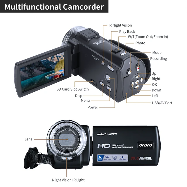 Alt view image 2 of 7 - ORDRO HDV-V12 Video Camera Full HD Camcorder Digital Recorder | 1080P 30FPS 30MP | 3.0 Inch Rotation LCD | 16X Digital Zoom | Infrared Night Vision - Black (V12+16GB Card)