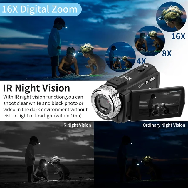 Alt view image 3 of 7 - ORDRO HDV-V12 Video Camera Full HD Camcorder Digital Recorder | 1080P 30FPS 30MP | 3.0 Inch Rotation LCD | 16X Digital Zoom | Infrared Night Vision - Black (V12+16GB Card)
