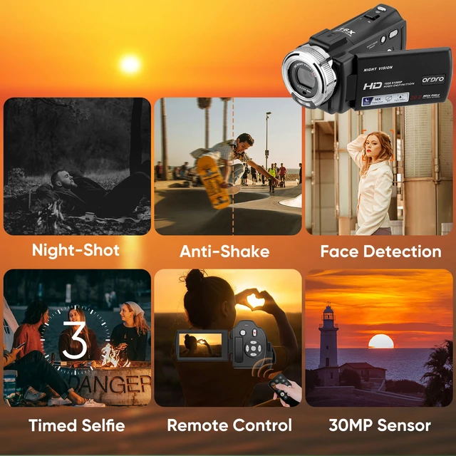 Alt view image 6 of 7 - ORDRO HDV-V12 Video Camera Full HD Camcorder Digital Recorder | 1080P 30FPS 30MP | 3.0 Inch Rotation LCD | 16X Digital Zoom | Infrared Night Vision - Black (V12+16GB Card)