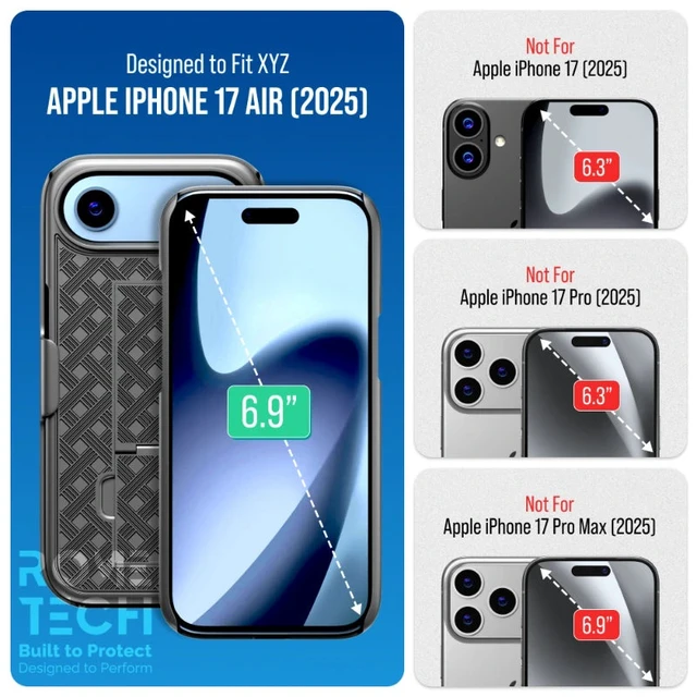 Alt view image 4 of 4 - Apple iPhone 17 Air Belt Clip Holster Phone Case - Black + 3-Pack Glass Screen Protector