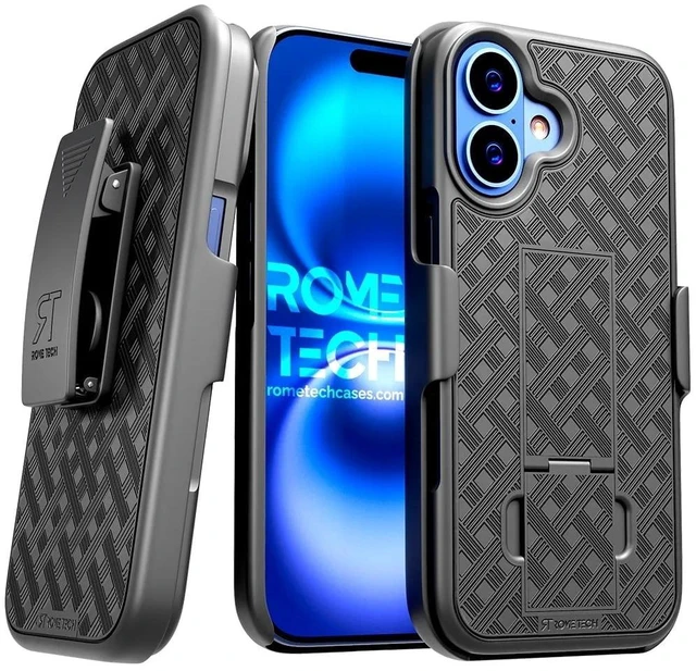 Main image of iPhone 16 (2024) Belt Clip Holster Case - Black + 3-Pack Glass Screen Protector