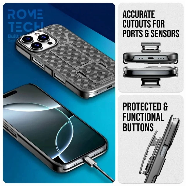 Alt view image 4 of 4 - iPhone 16 Pro Holster & Kickstand Case - Black + 3-Pack Glass Screen Protector