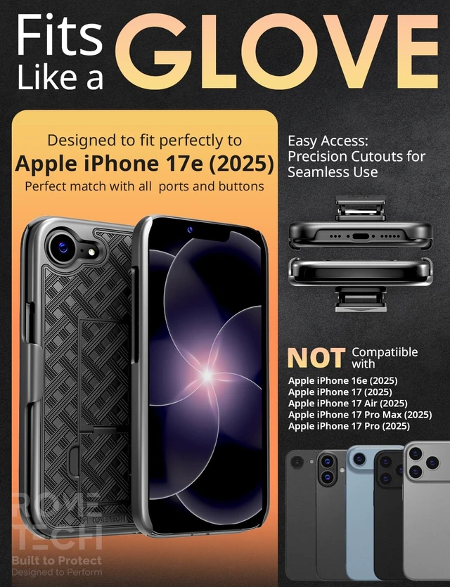 Alt view image 2 of 6 - Rome Tech Shell Holster Combo Case for Apple iPhone 17e & TPG Bundle - Black