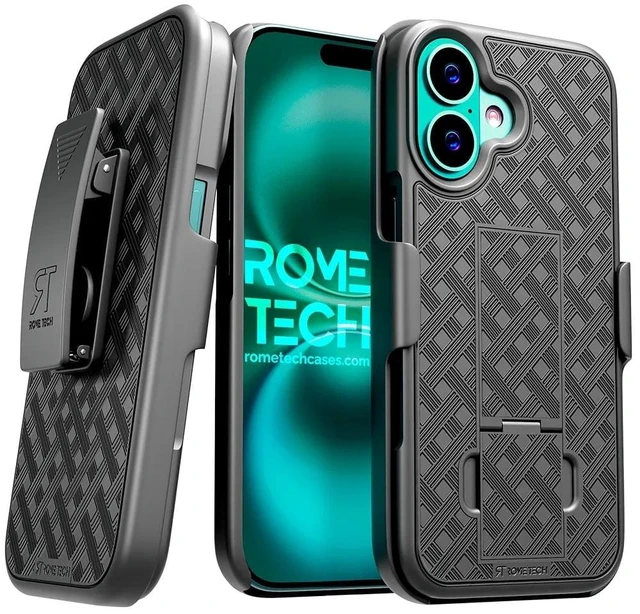 Main image of iPhone 16 Plus Holster & Kickstand Case - Black + 3-Pack Glass Screen Protector