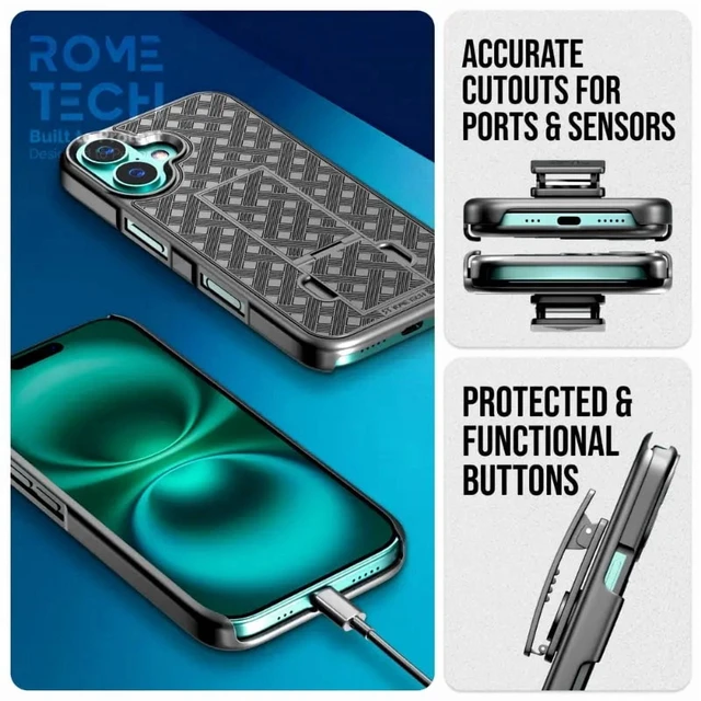 Alt view image 3 of 4 - iPhone 16 Plus Holster & Kickstand Case - Black + 3-Pack Glass Screen Protector