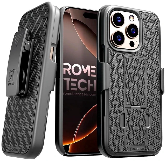Main image of iPhone 16 Pro Max Holster & Kickstand Case - Black + 3-Pack Glass Screen Protector