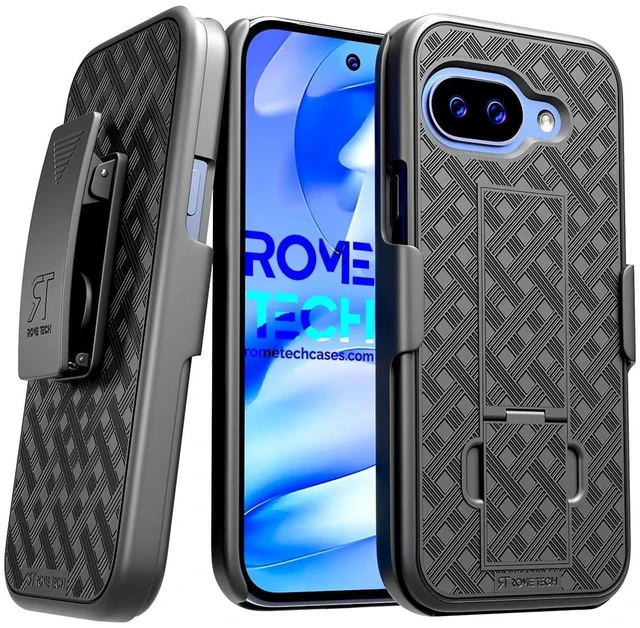 Main image of Google Pixel 9a (2025) Belt Clip Holster Phone Case - Black + 3-Pack Glass Screen Protector