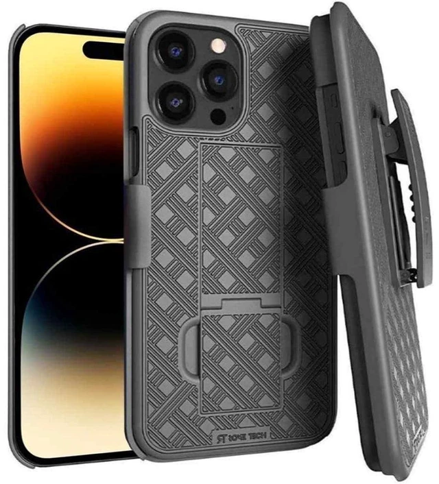 Main image of Rome Tech for Apple iPhone 15 Pro (2023) Shell Holster Combo Case - Black + 3-Pack Glass Screen Protector