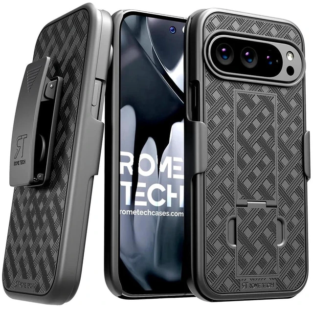 Main image of Google Pixel 10 Pro XL Belt Clip Holster Phone Case - Black + 3-Pack Glass Screen Protector