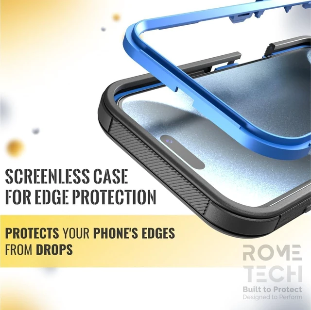 Alt view image 3 of 7 - Rome Tech for Apple iPhone 16 Plus Case with Belt Clip Holster & Kickstand, Protective Dual-Layer Shockproof Phone Case and 3-Pack Tempered Glass Screen Protector for iPhone 16 Plus - Black & Blue