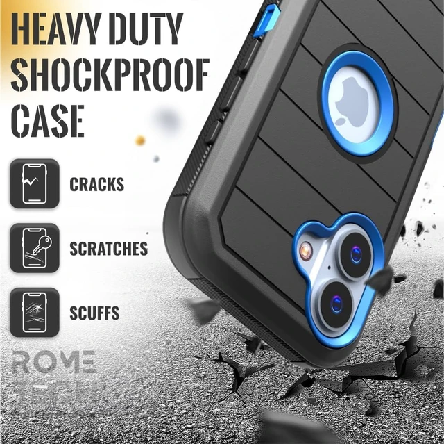Alt view image 7 of 7 - Rome Tech for Apple iPhone 16 Case with Belt Clip Holster & Kickstand, Protective Dual-Layer Shockproof Phone Case for iPhone 16 - Black & Blue