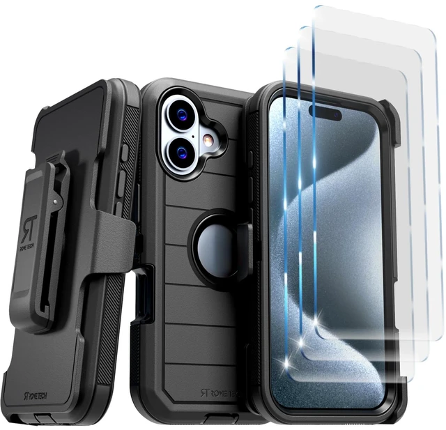 Main image of Rome Tech for Apple iPhone 16 Case with Belt Clip Holster & Kickstand, Protective Dual-Layer Shockproof Phone Case and 3-Pack Tempered Glass Screen Protector for iPhone 16 - Black